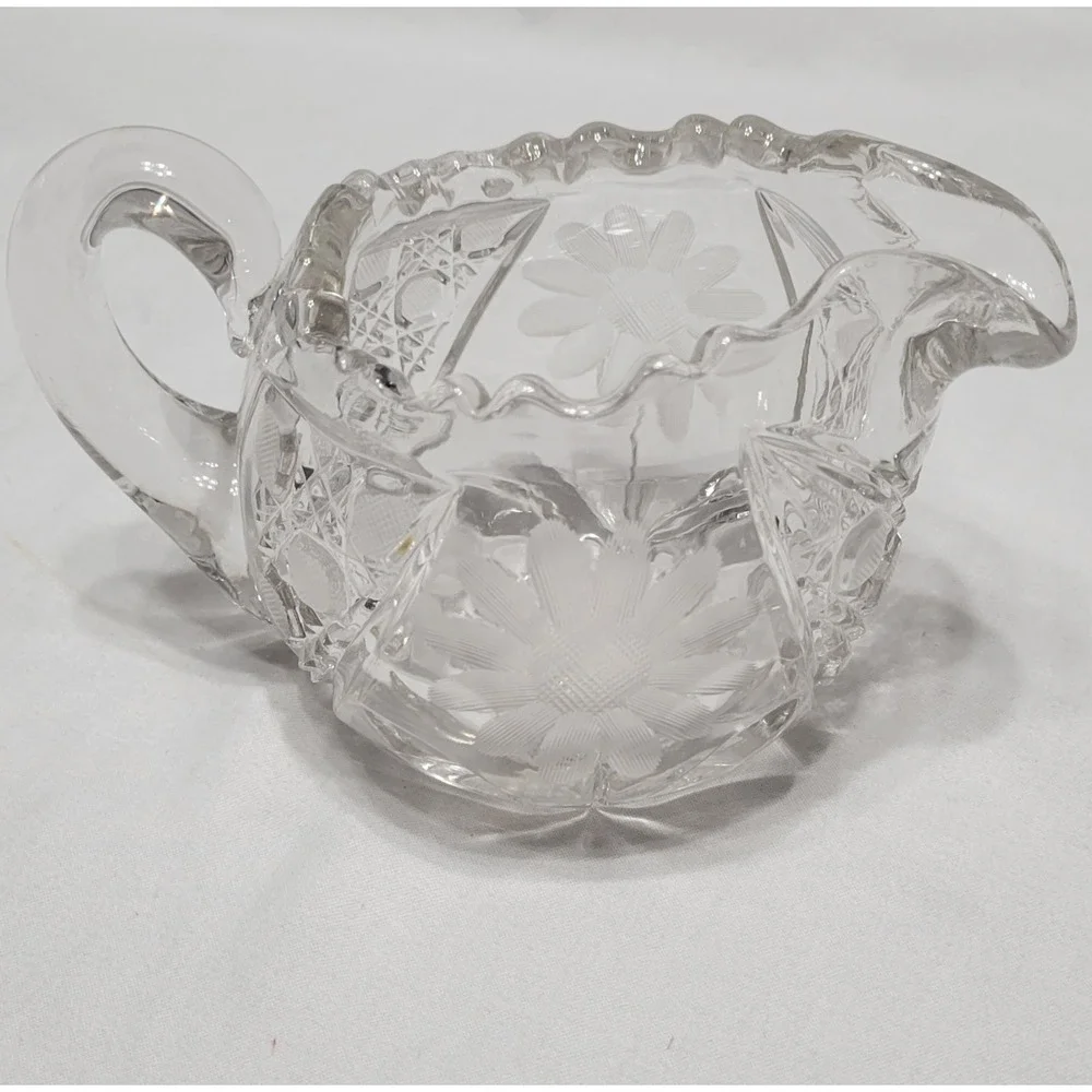 Clear Pressed Glass Floral Pattern Creamer with Handle, Decorative Round